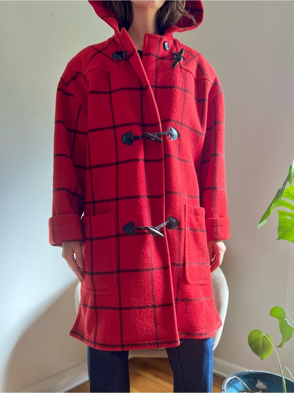 100% Wool Red Toggle Duffle Hooded Coat by Bill Blass